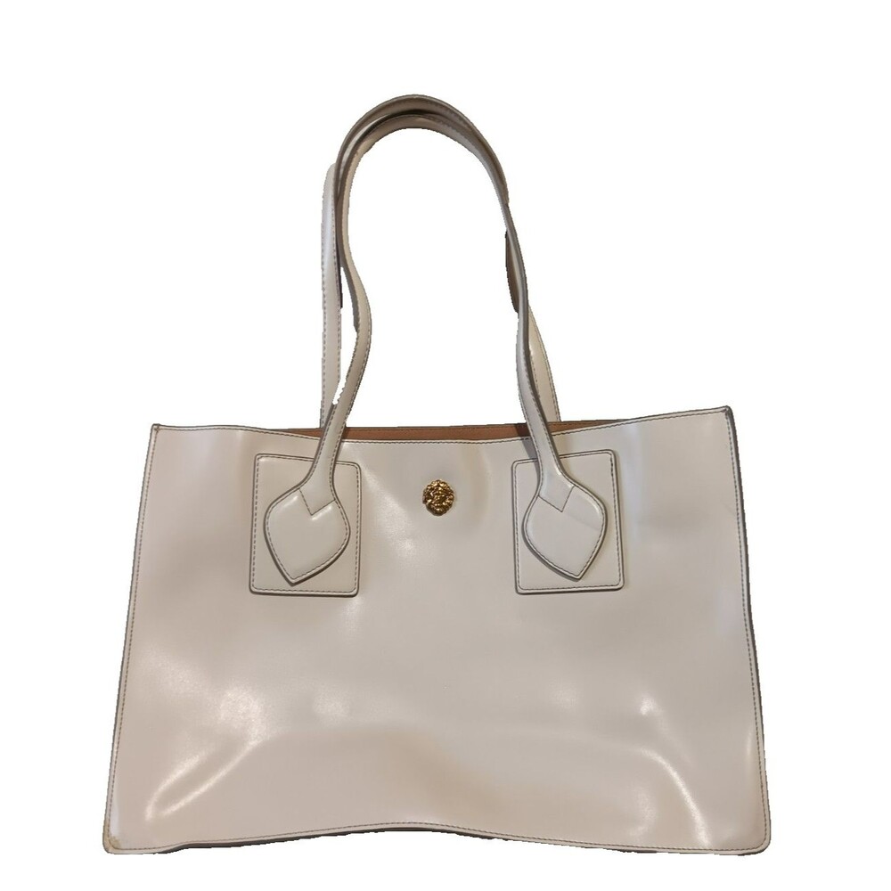 Anne Klein Ivory Faux Leather Tote Bag Gold Lion Logo Shoulder Purse